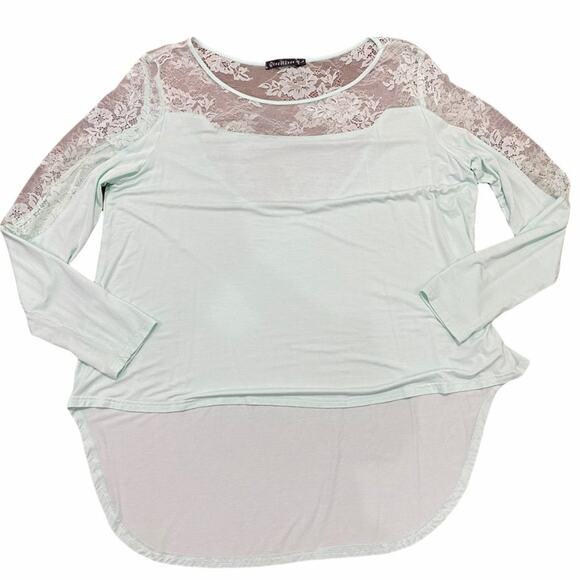 Ling Yi Yuan Mint Green Long Sleeve Stretchy Hi-Lo Top with Lace Panels Large - Picture 4 of 11